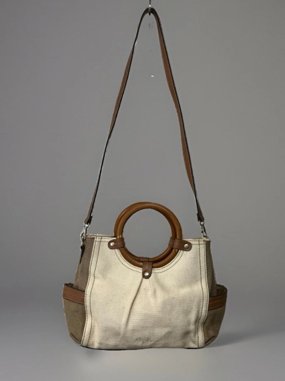 Relic Canvas Satchel Handbag Wood Handle Boho Removeable Crossbody Strap Cottage